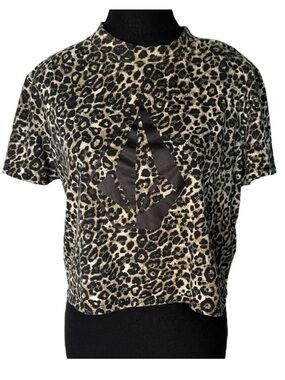 VOLCOM Leopard Print Short Sleeve Crop Top Mock Neck Logo Size Medium